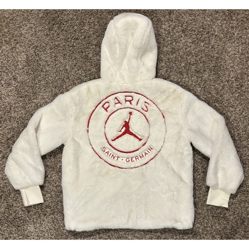 Nike Air Jordan PSG Paris Saint-Germain Faux Fur Jacket White Red XS CZ0786-100